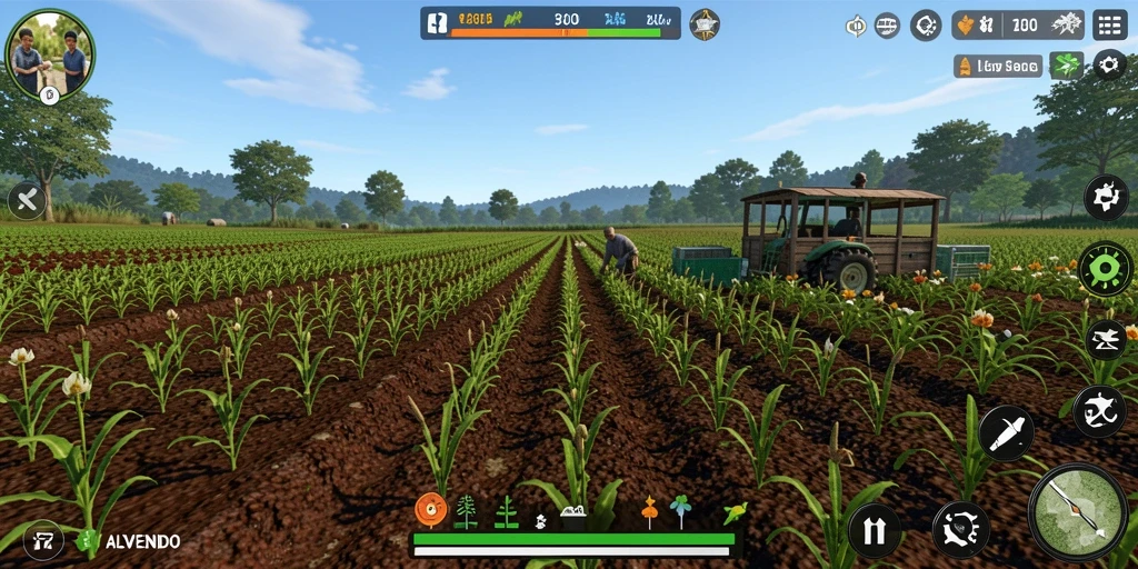 Tangkapan layar dari gameplay ALVENDO yang menunjukkan aktivitas bertani yang menyenangkan.