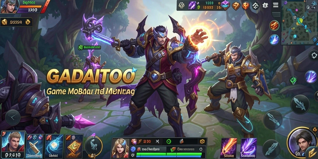 Screenshot GADAITOTO menampilkan pertempuran dinamis di arena MOBA.