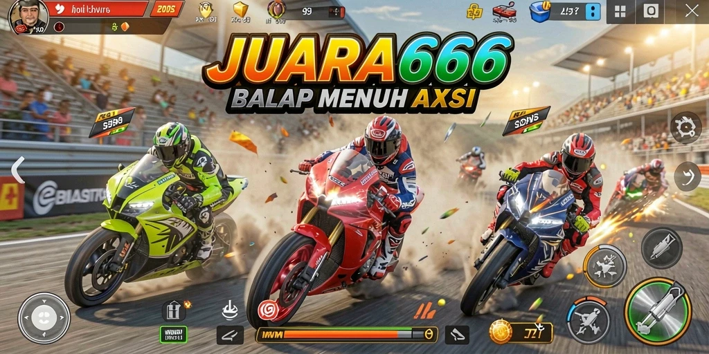 Screenshot gameplay JUARA666 menampilkan balapan motor yang seru.