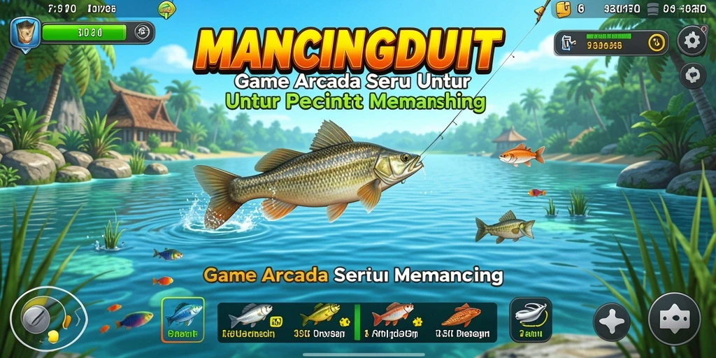 Screenshot utama menunjukkan aksi memancing yang mendebarkan dalam game Arcade.