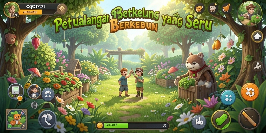 Screenshot gameplay QQ1221 menampilkan lahan hijau yang subur dan beragam tanaman.